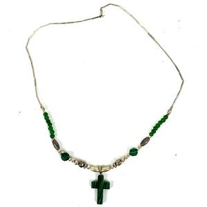 Vintage Dainty Silver & Green Stone Cross Necklace 20” Whimsical Christian Gift